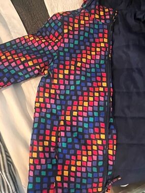 Lands' End Kids Puffer Jacket in Navy with Multicolor Square Print